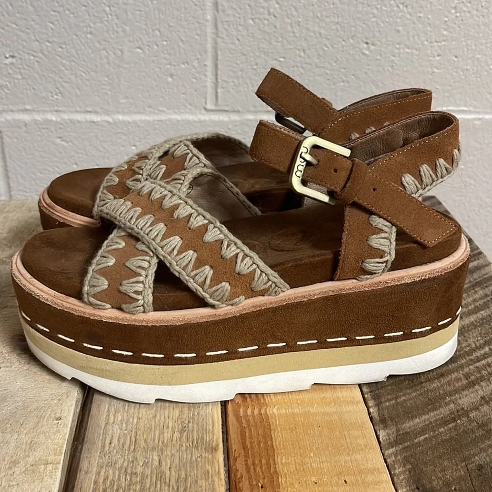 Mou Brown Suede Platform Sandals with Cream Stitching and Buckle